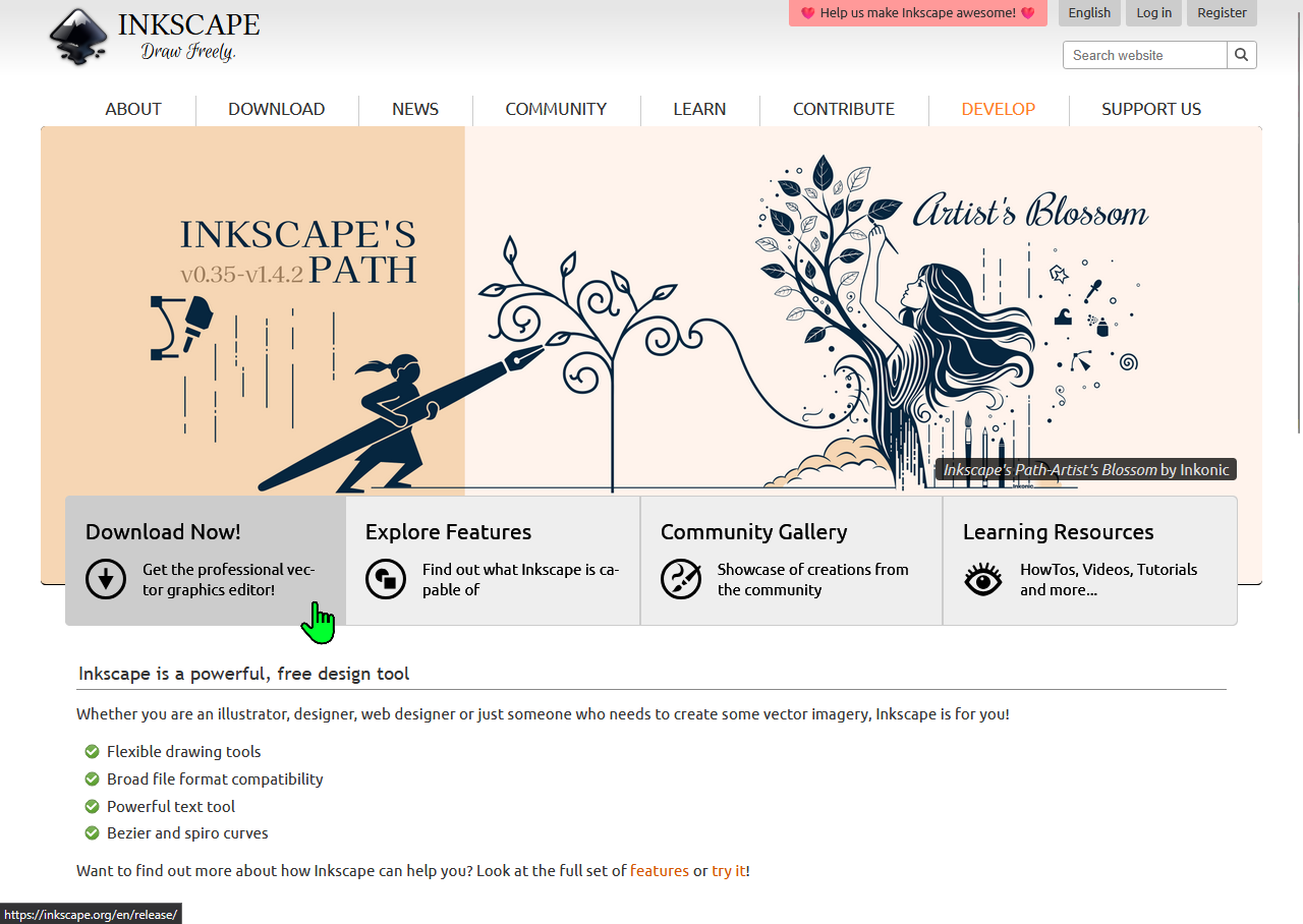 A screenshot of the InkScape webpage with a cursor at the download button.
