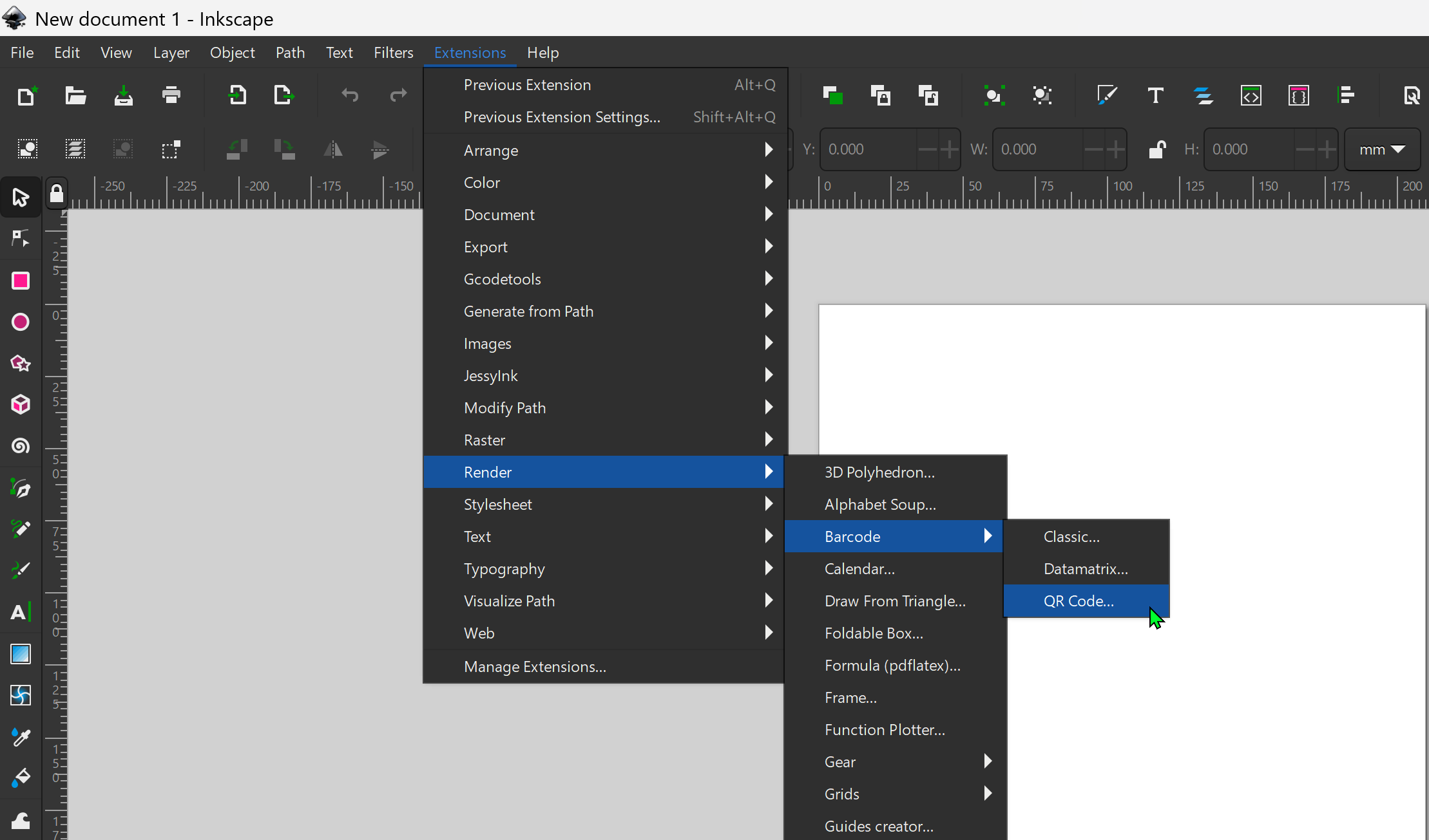 A screenshot of the InkScape application on Windows 10, showing the menu's expanded as described with the cursor hovering over the 'QR code...' menu option.