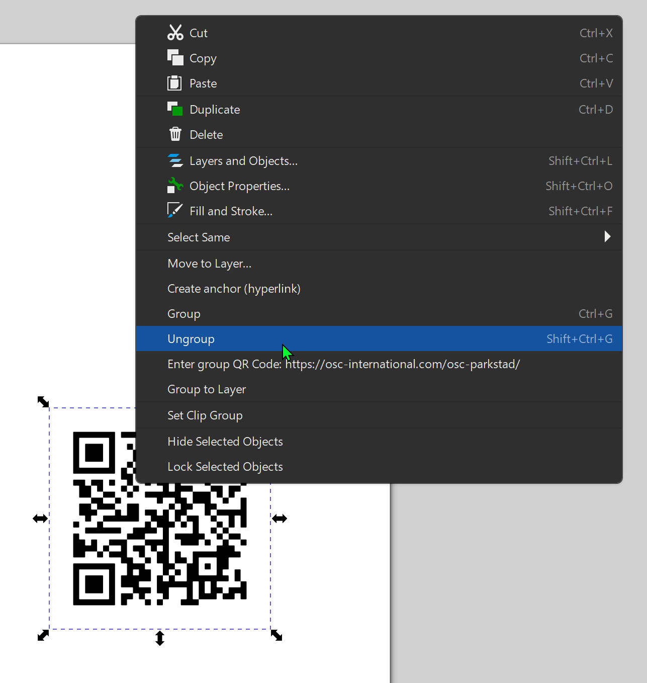 A screenshot of the InkScape application on Windows 10, showing a QR-code with a pop-up (right-click) menu with the mouse cursor hovering over the 'Ungroup' option.