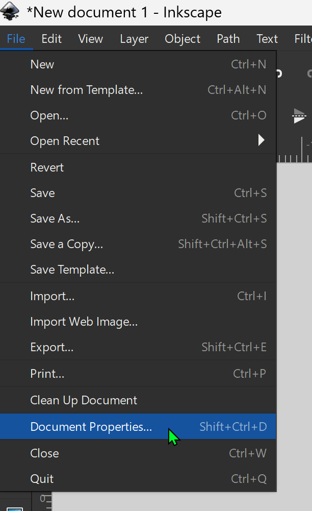 A screenshot of the InkScape application on Windows 10, showing the File menu expanded with the cursor hovering over the 'Document Properties' menu option.