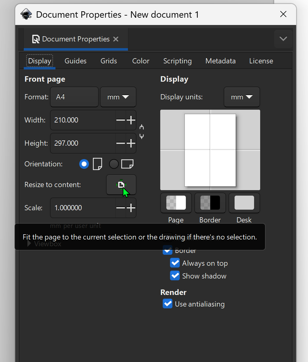 A screenshot of the InkScape application on Windows 10, showing the 'Document Properties' dialog with the cursor hovering over the 'Resize to content' button.